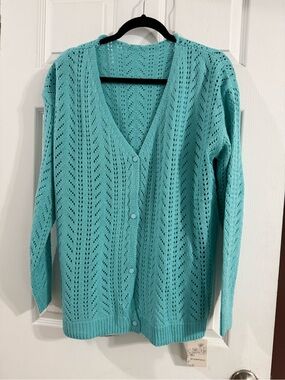 Women’s Light Teal Open-Knit V-Neck Cardigan Sweater XL